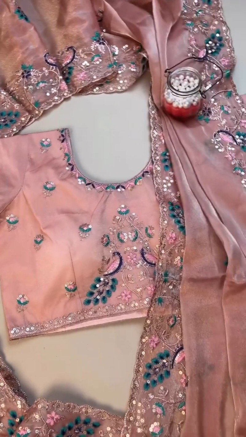 Peach Enchantment Peacock Embroidered Silk Saree & Blouse Set - Image 8