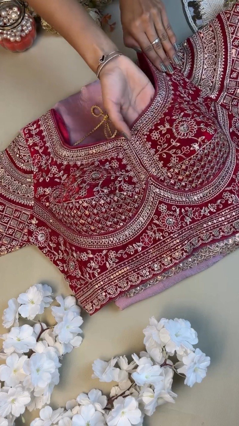 Enchanting Lilac Organza Saree & Maroon Velvet Blouse Set – Available in Lilac & Maroon - Image 2