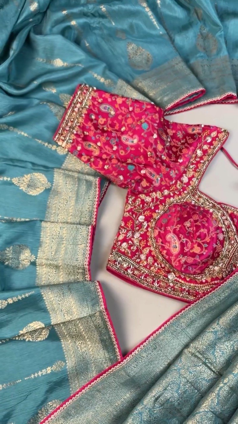 Opulent Paisley-Embroidered Silk Saree with Contrast Handcrafted Blouse – Available in Fuchsia & Teal Blue