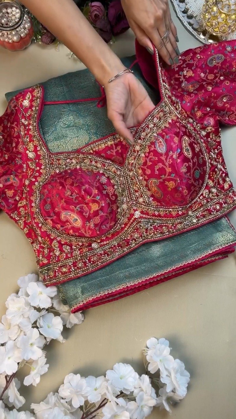 Opulent Paisley-Embroidered Silk Saree with Contrast Handcrafted Blouse – Available in Fuchsia & Teal Blue - Image 2