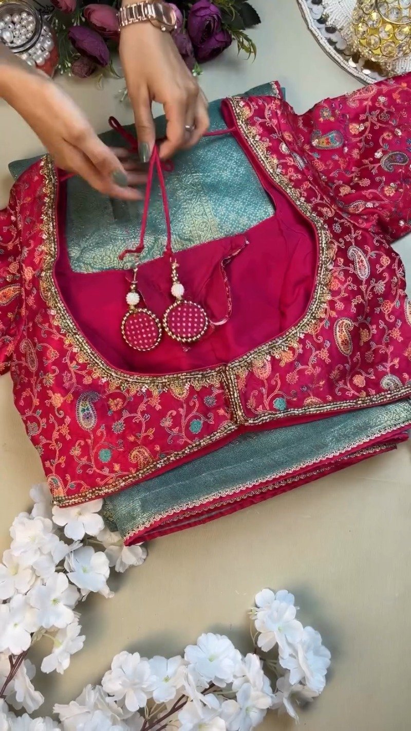 Opulent Paisley-Embroidered Silk Saree with Contrast Handcrafted Blouse – Available in Fuchsia & Teal Blue - Image 3