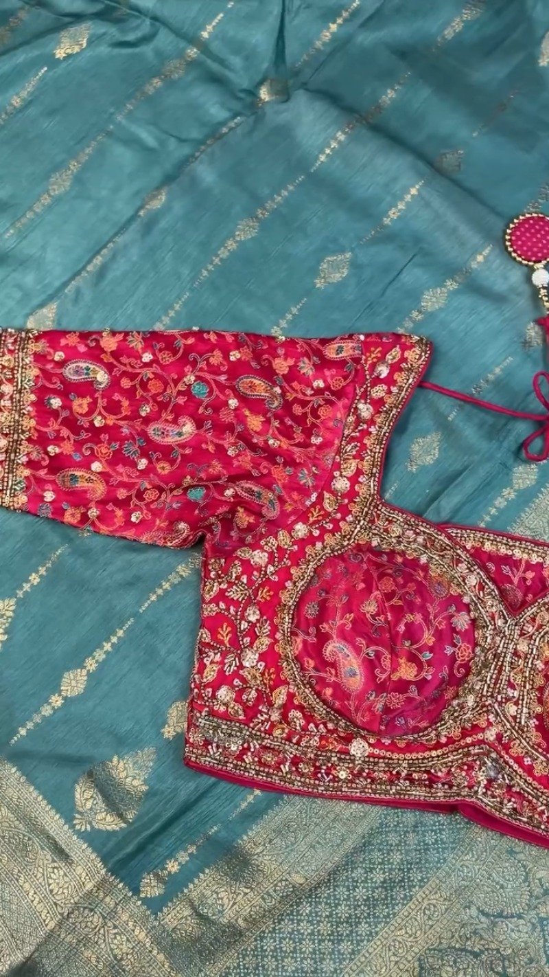 Opulent Paisley-Embroidered Silk Saree with Contrast Handcrafted Blouse – Available in Fuchsia & Teal Blue - Image 5