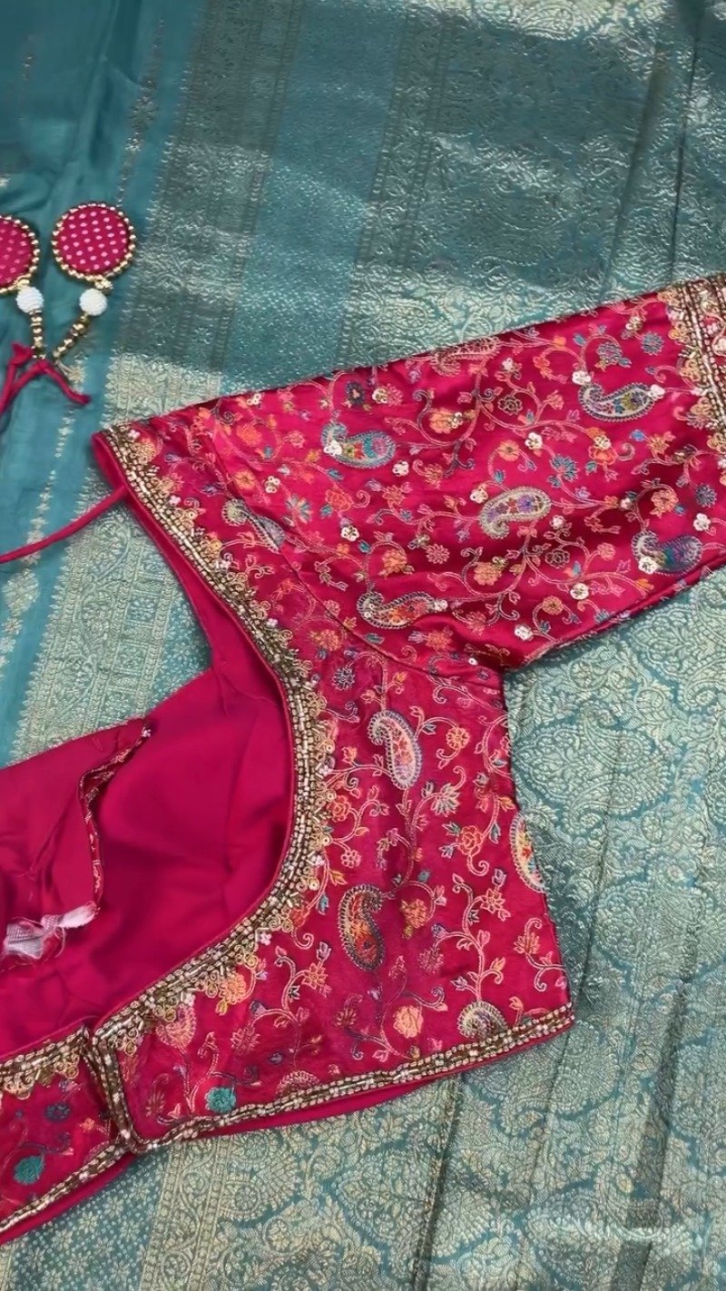 Opulent Paisley-Embroidered Silk Saree with Contrast Handcrafted Blouse – Available in Fuchsia & Teal Blue - Image 6