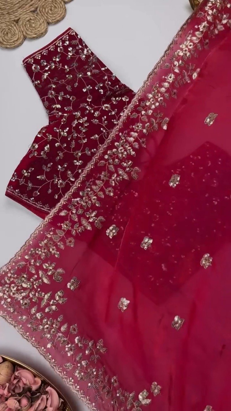 Elegant Embellished Chiffon Saree with Sequin-Work Blouse – Available in Ivory & Deep Crimson