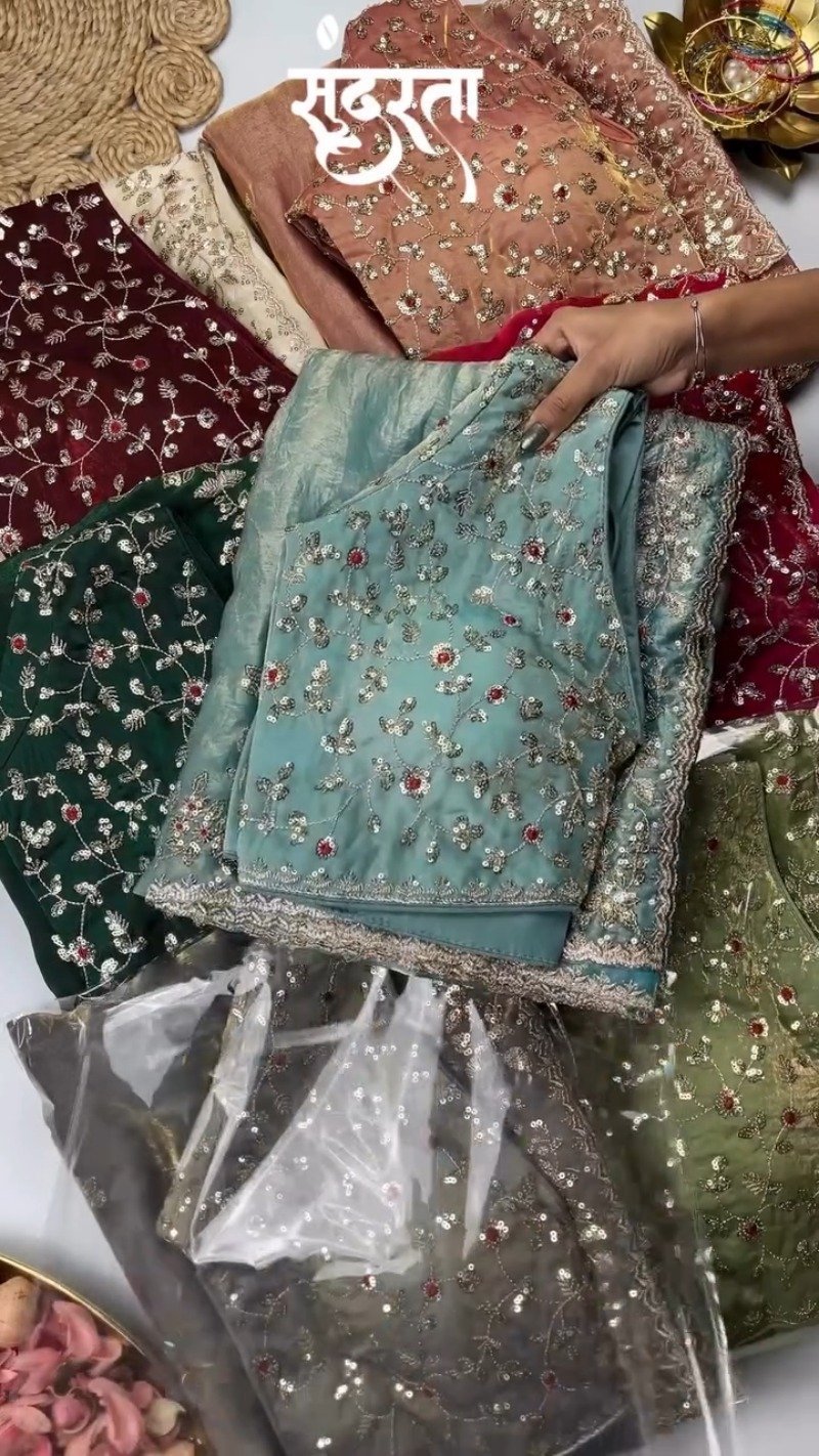 Elegant Embellished Chiffon Saree with Sequin-Work Blouse – Available in Ivory & Deep Crimson - Image 2
