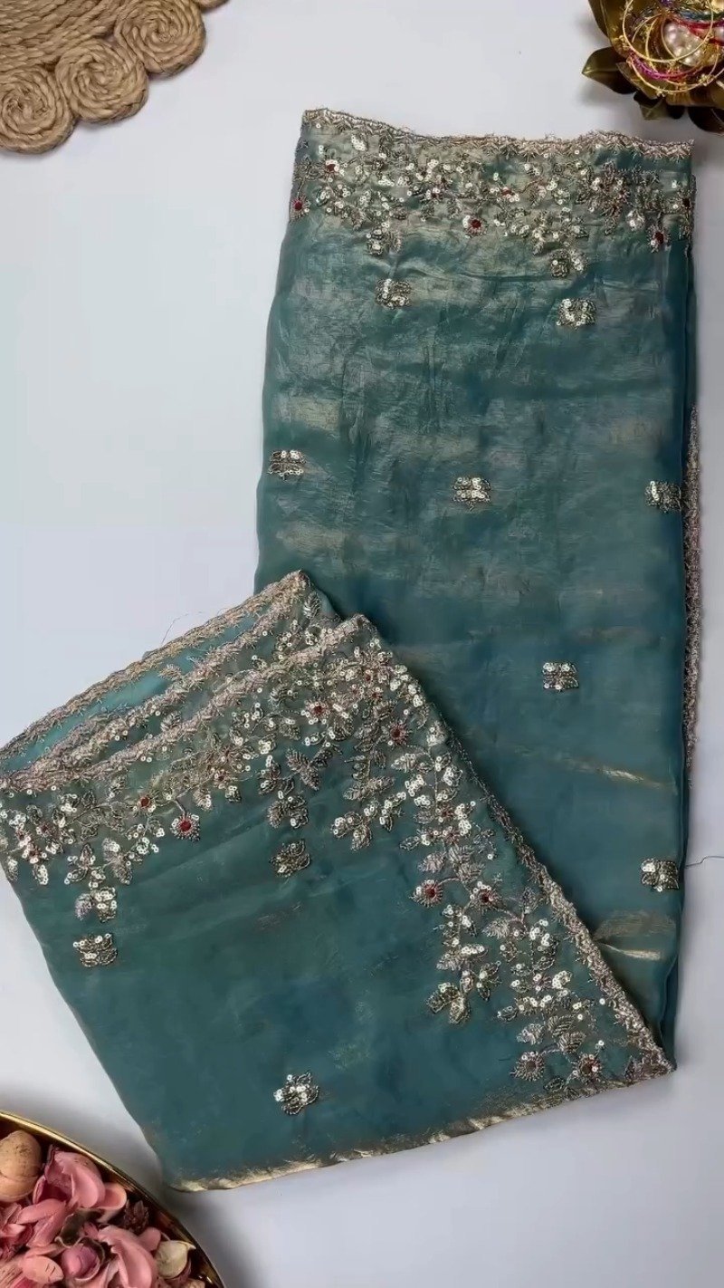 Elegant Embellished Chiffon Saree with Sequin-Work Blouse – Available in Ivory & Deep Crimson - Image 3