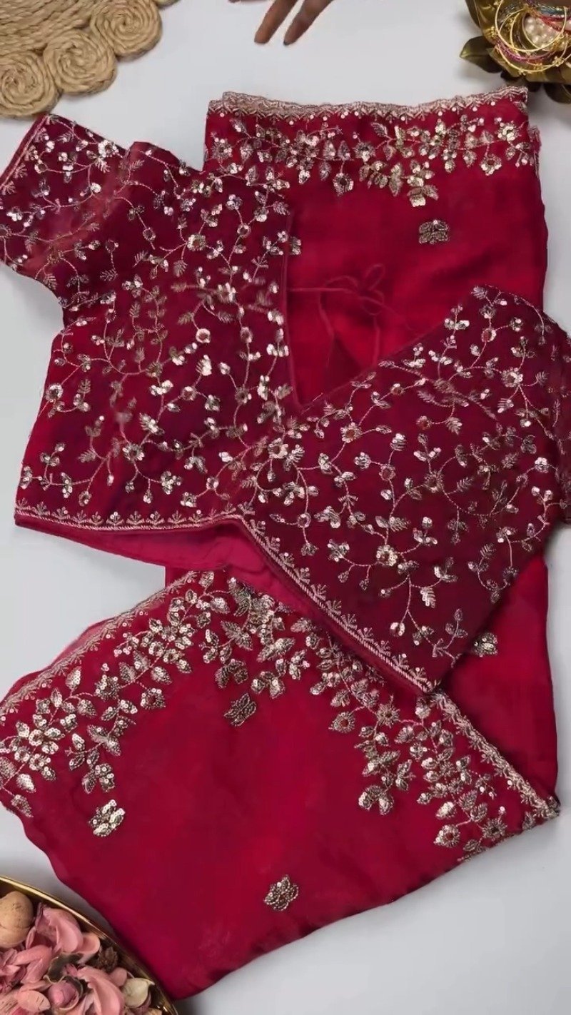 Elegant Embellished Chiffon Saree with Sequin-Work Blouse – Available in Ivory & Deep Crimson - Image 4
