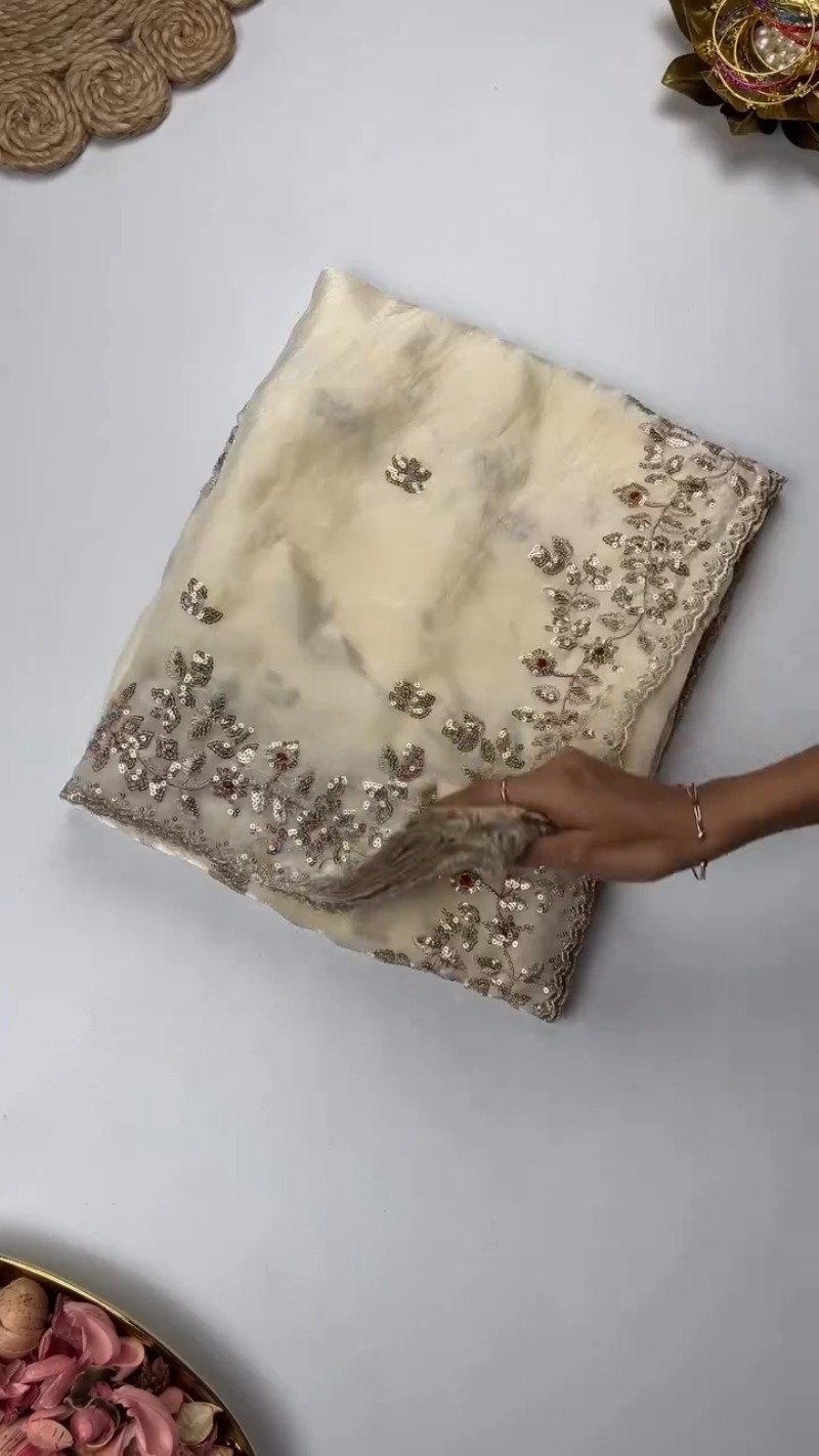 Elegant Embellished Chiffon Saree with Sequin-Work Blouse – Available in Ivory & Deep Crimson - Image 5