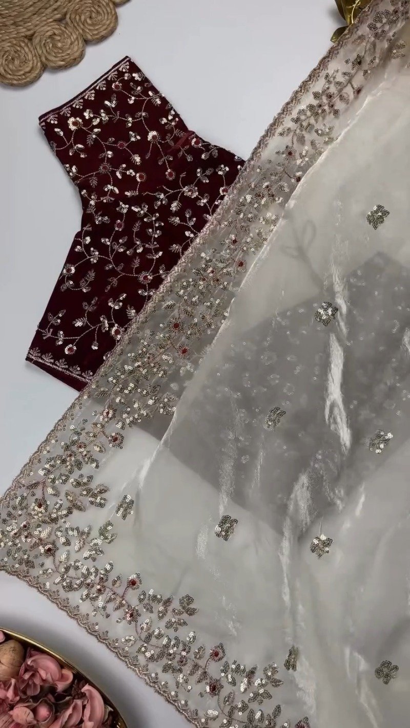 Elegant Embellished Chiffon Saree with Sequin-Work Blouse – Available in Ivory & Deep Crimson - Image 7