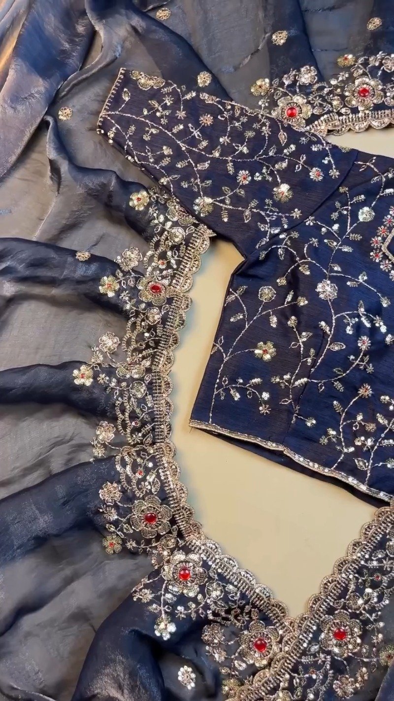 Midnight Navy Luxe Embroidered Silk Saree Set