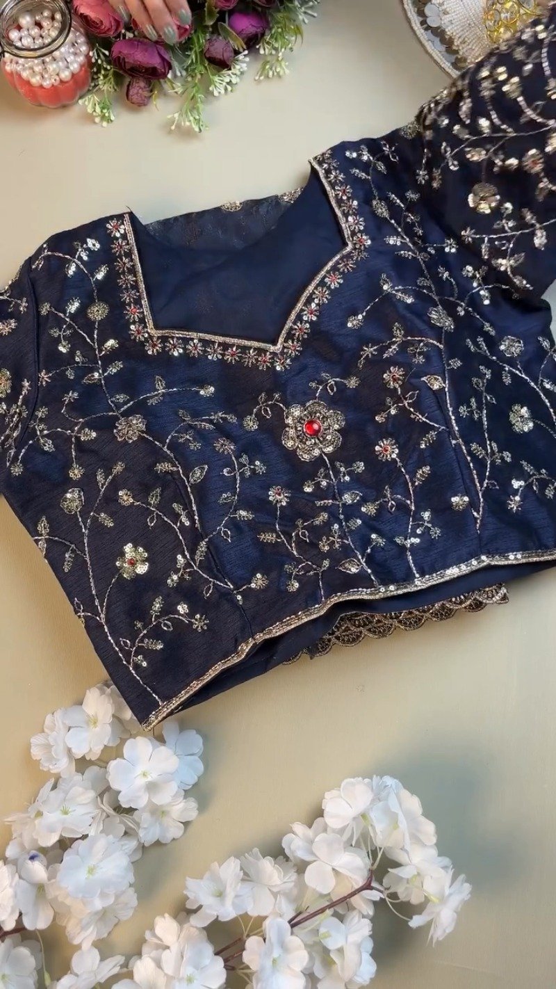 Midnight Navy Luxe Embroidered Silk Saree Set - Image 2