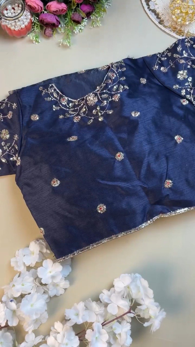 Midnight Navy Luxe Embroidered Silk Saree Set - Image 3