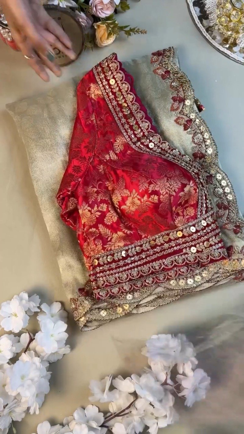 Red Brocade Blouse with Scalloped Sequin Border Saree - Image 2