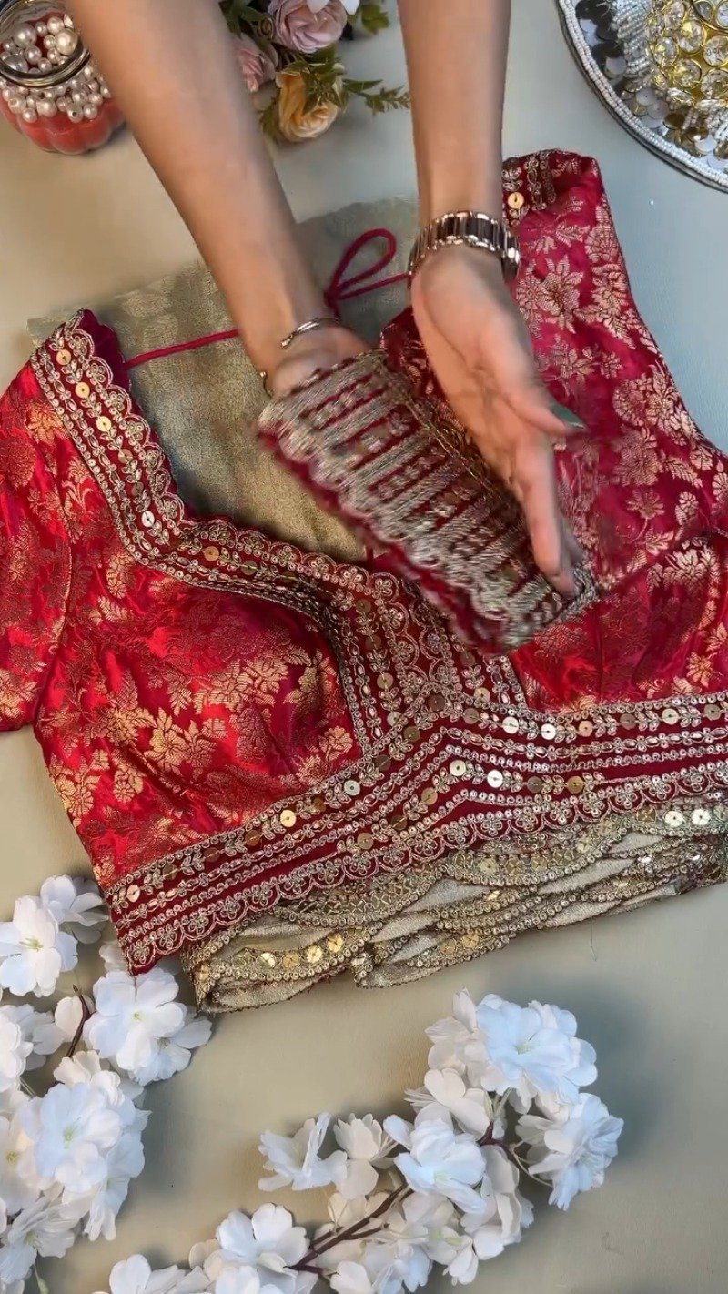 Red Brocade Blouse with Scalloped Sequin Border Saree - Image 3