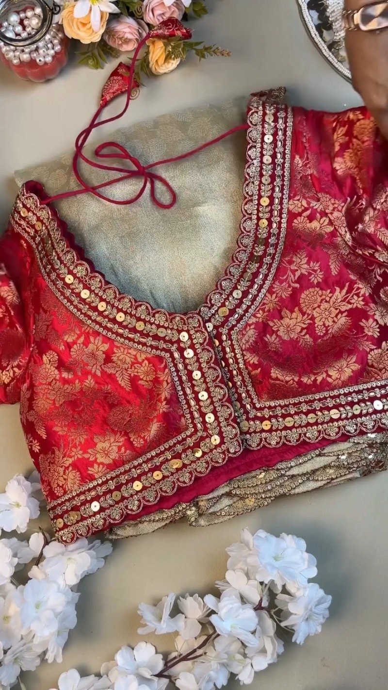 Red Brocade Blouse with Scalloped Sequin Border Saree - Image 4