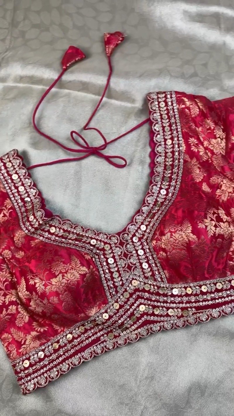 Red Brocade Blouse with Scalloped Sequin Border Saree - Image 6