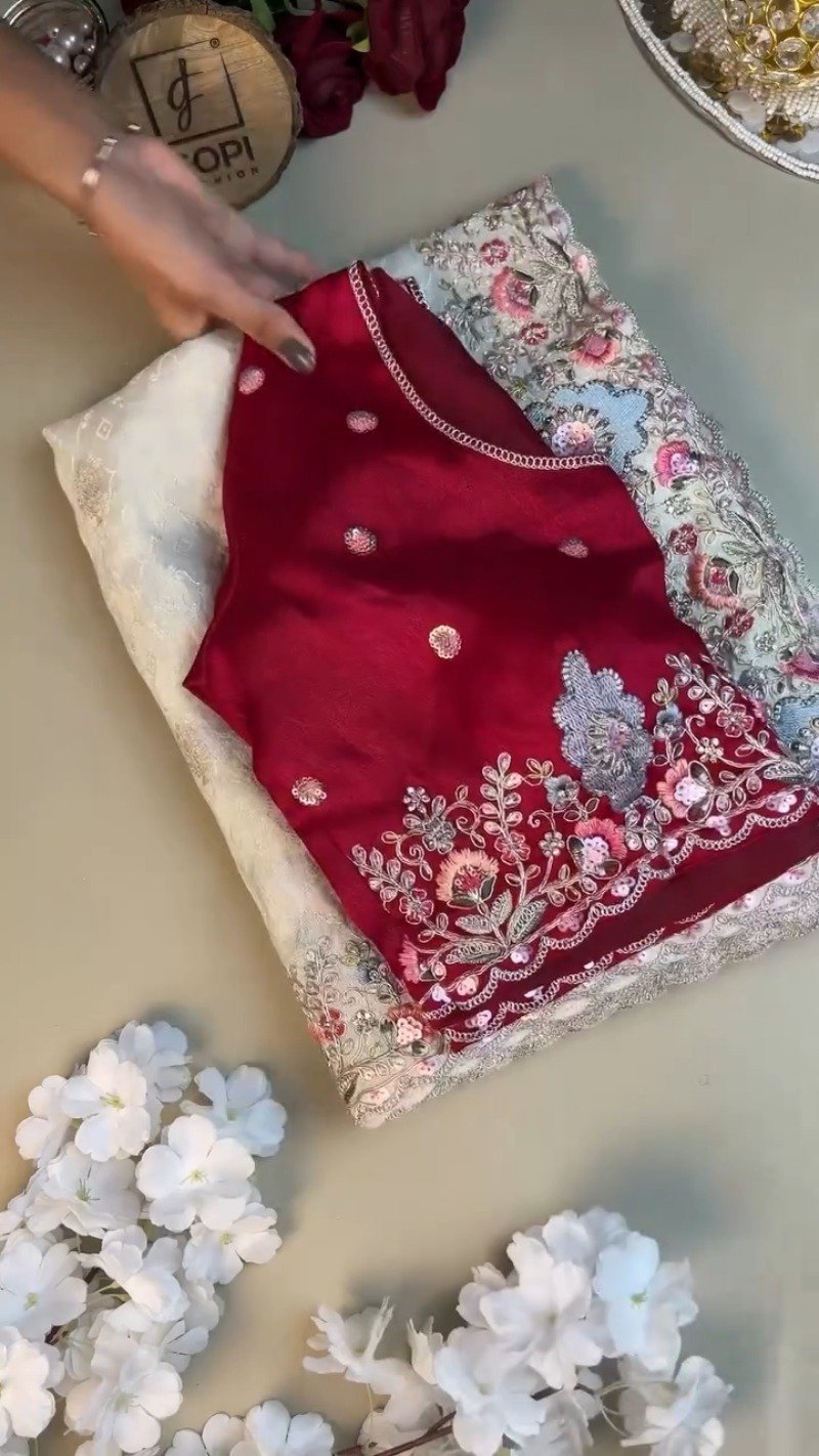 Opulent Floral Embroidered Ethnic Suit Set – Available in Deep Crimson & Classic Ivory - Image 2