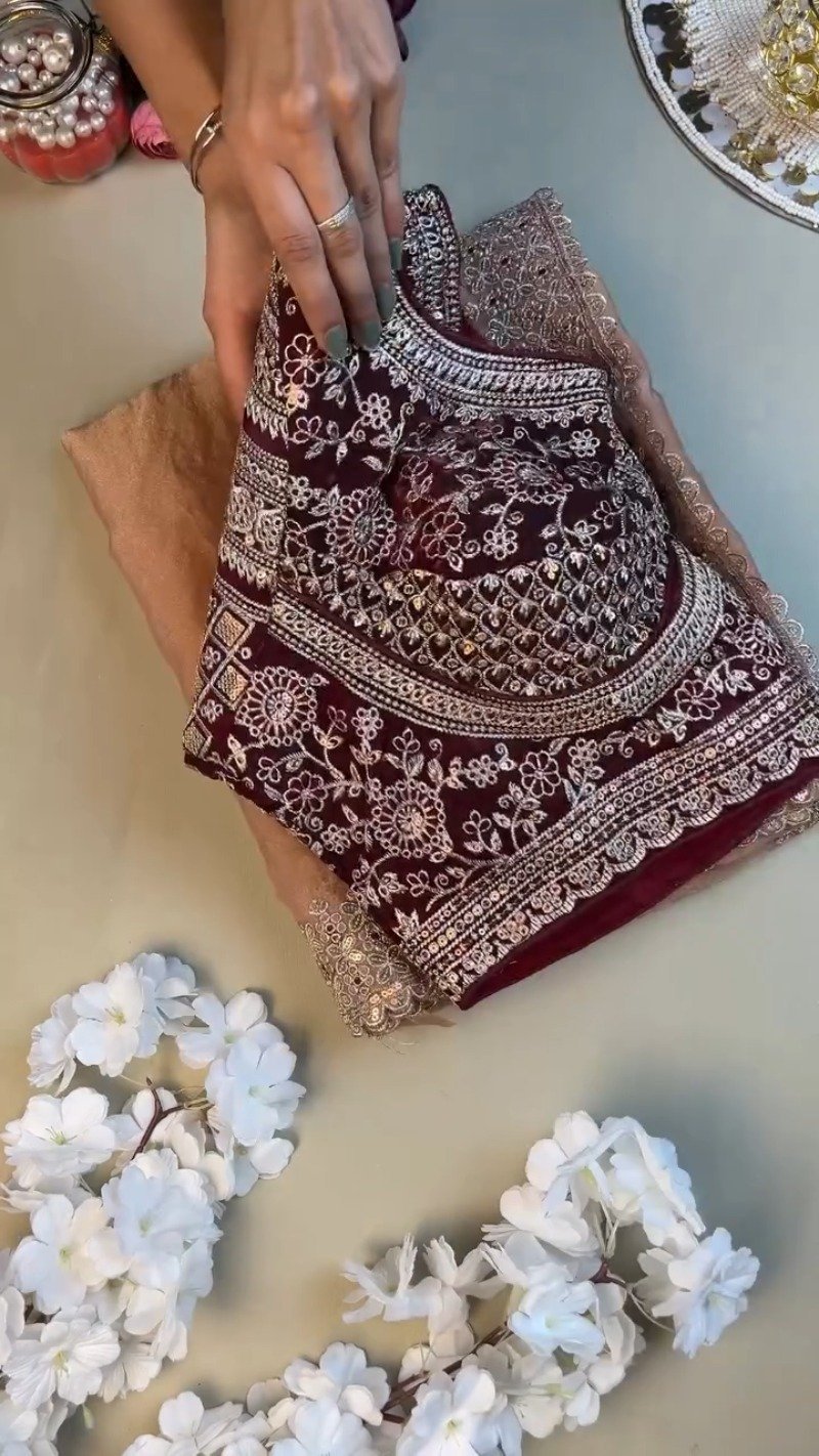 Regal Maroon & Blush Pink Hand-Embroidered Saree Set – Available in Maroon & Blush Pink - Image 2