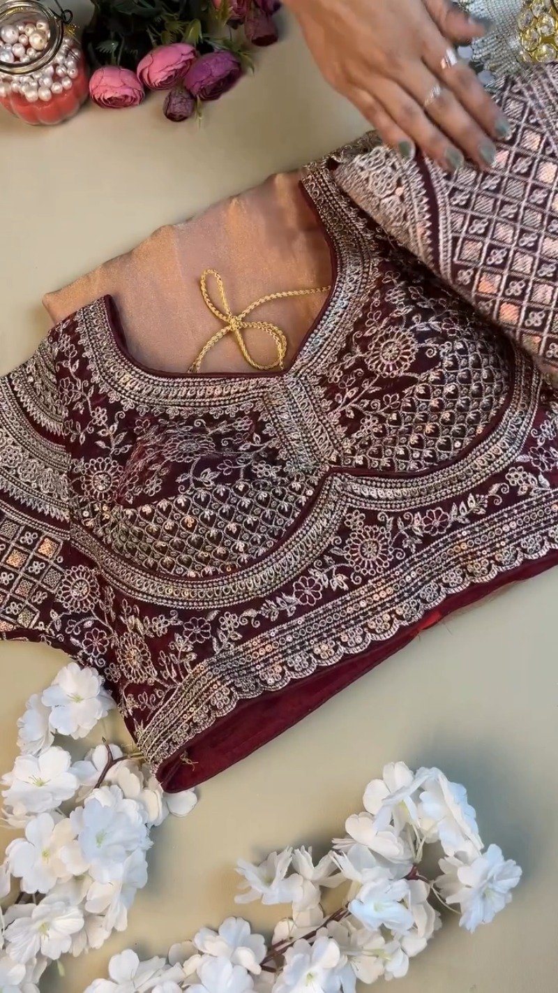 Regal Maroon & Blush Pink Hand-Embroidered Saree Set – Available in Maroon & Blush Pink - Image 3