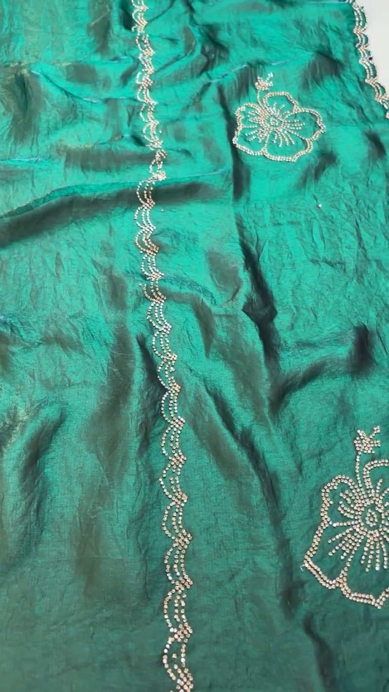 Emerald Radiance Stone-Embellished Organza Saree & Sleeveless Blouse Set - Image 5