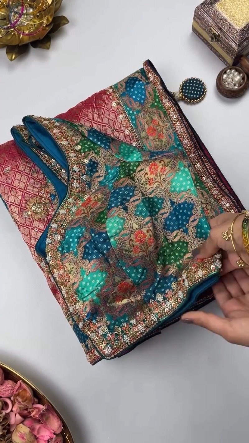 Royal Heritage Patchwork Silk Saree with Traditional Bandhani Detailing – Available in Crimson Red & Deep Teal Blue