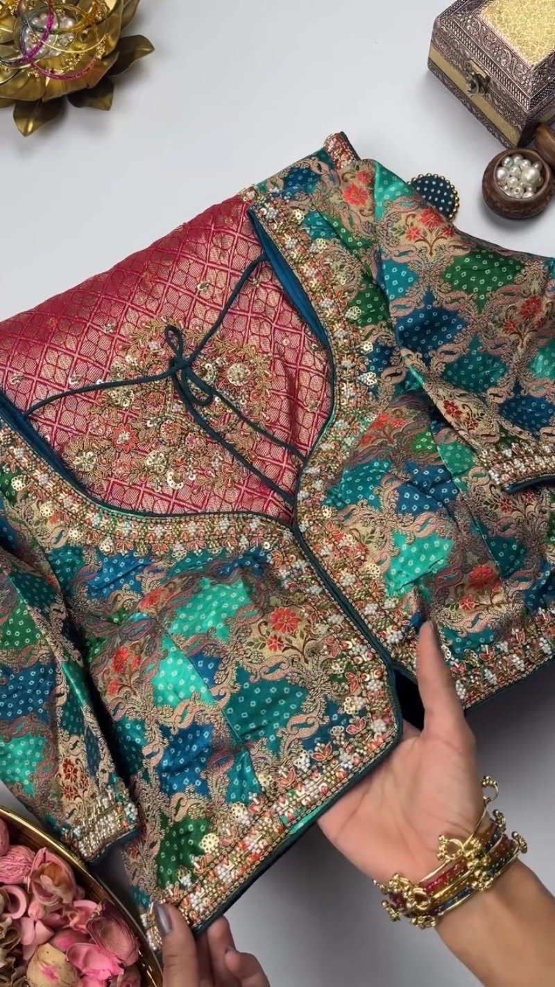 Royal Heritage Patchwork Silk Saree with Traditional Bandhani Detailing – Available in Crimson Red & Deep Teal Blue - Image 2