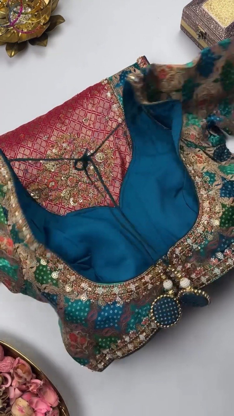 Royal Heritage Patchwork Silk Saree with Traditional Bandhani Detailing – Available in Crimson Red & Deep Teal Blue - Image 3