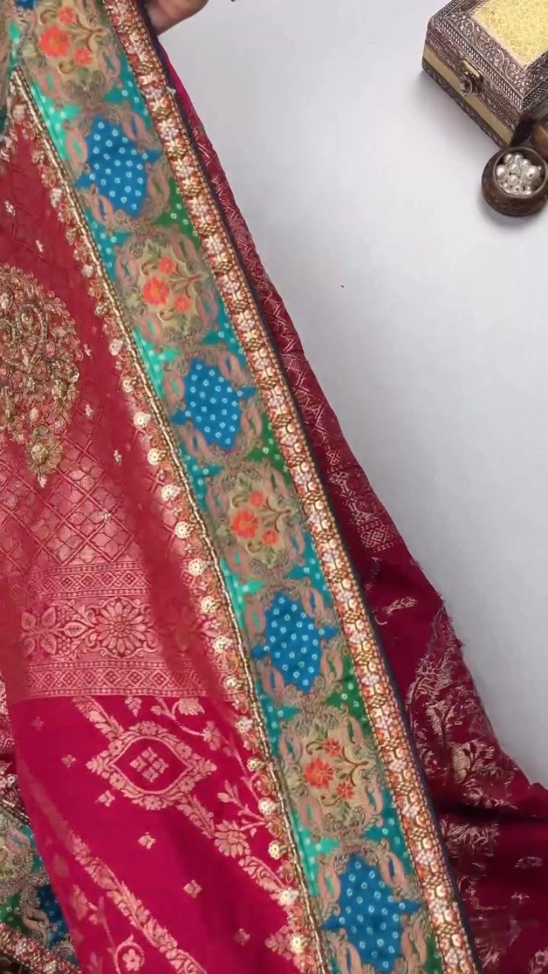 Royal Heritage Patchwork Silk Saree with Traditional Bandhani Detailing – Available in Crimson Red & Deep Teal Blue - Image 4