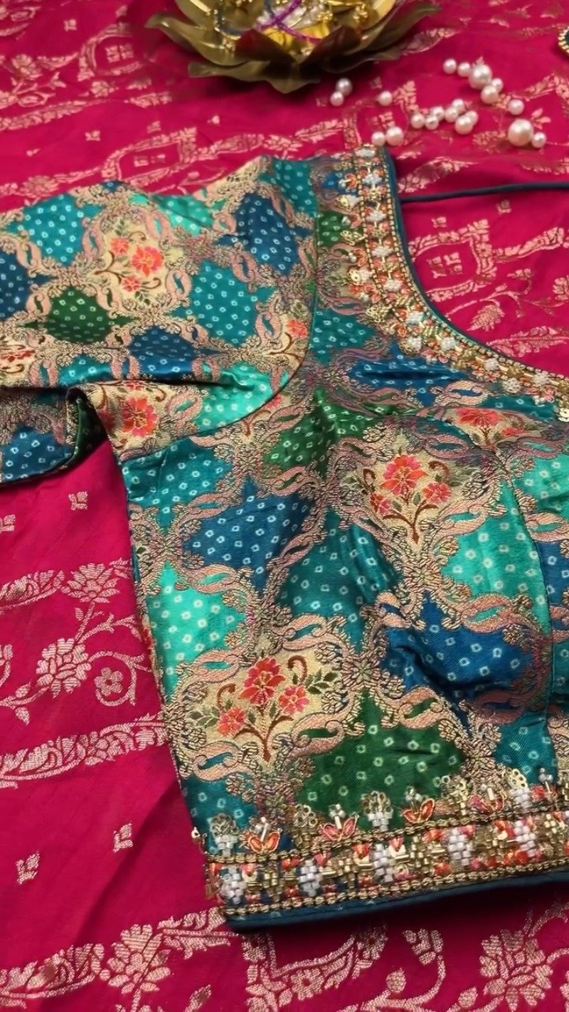 Royal Heritage Patchwork Silk Saree with Traditional Bandhani Detailing – Available in Crimson Red & Deep Teal Blue - Image 8
