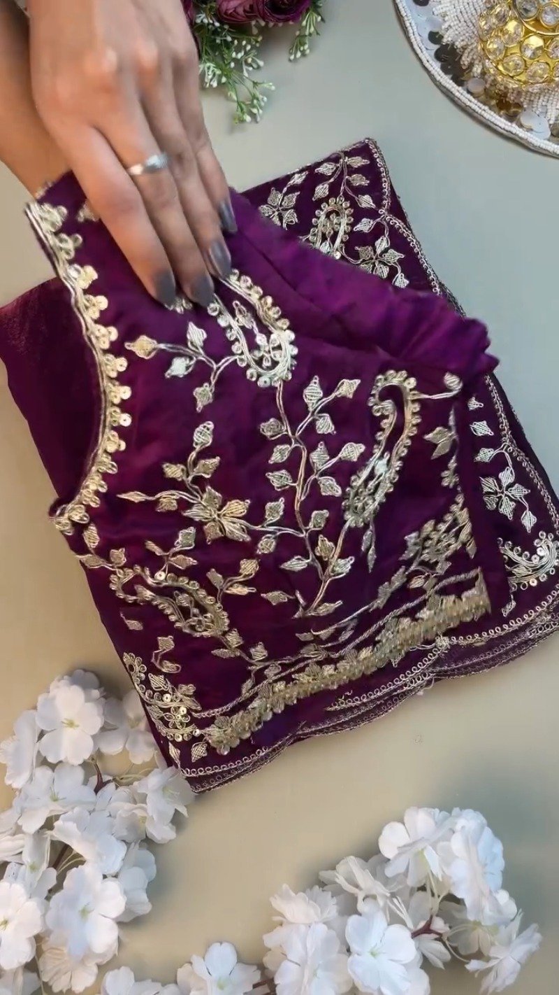 Royal Purple Organza Saree & Embroidered Blouse Set - Image 2