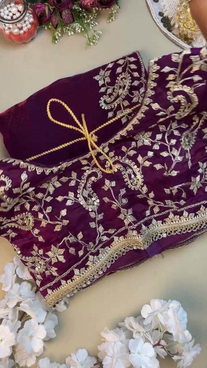 Royal Purple Organza Saree & Embroidered Blouse Set - Image 3