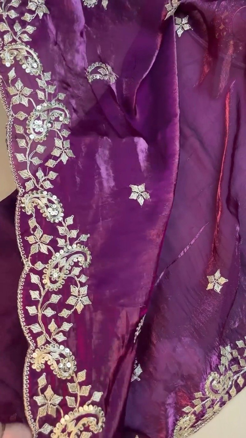 Royal Purple Organza Saree & Embroidered Blouse Set - Image 4