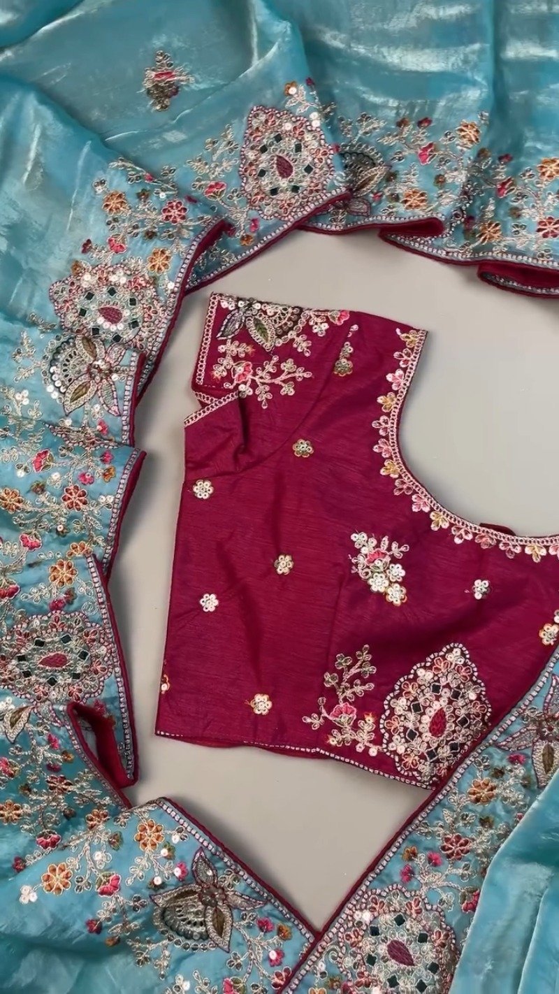 Enchanting Sky-Blue Saree with Magenta Contrast Embellished Blouse – Available in Sky-Blue & Magenta