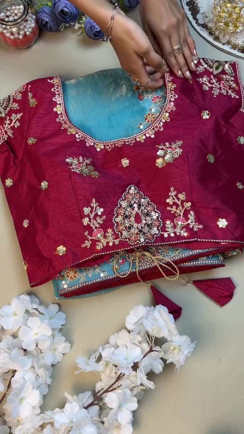 Enchanting Sky-Blue Saree with Magenta Contrast Embellished Blouse – Available in Sky-Blue & Magenta - Image 2