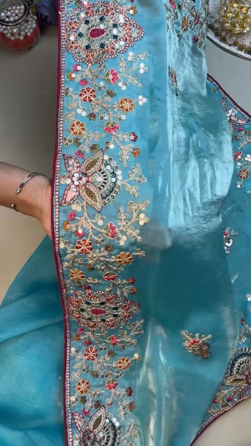 Enchanting Sky-Blue Saree with Magenta Contrast Embellished Blouse – Available in Sky-Blue & Magenta - Image 3