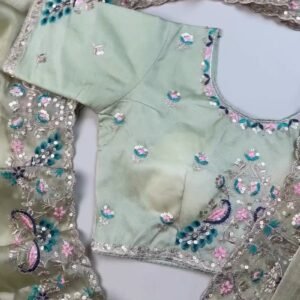 Celestia Sage Green Embroidered Saree Set with Peacock Motif Blouse