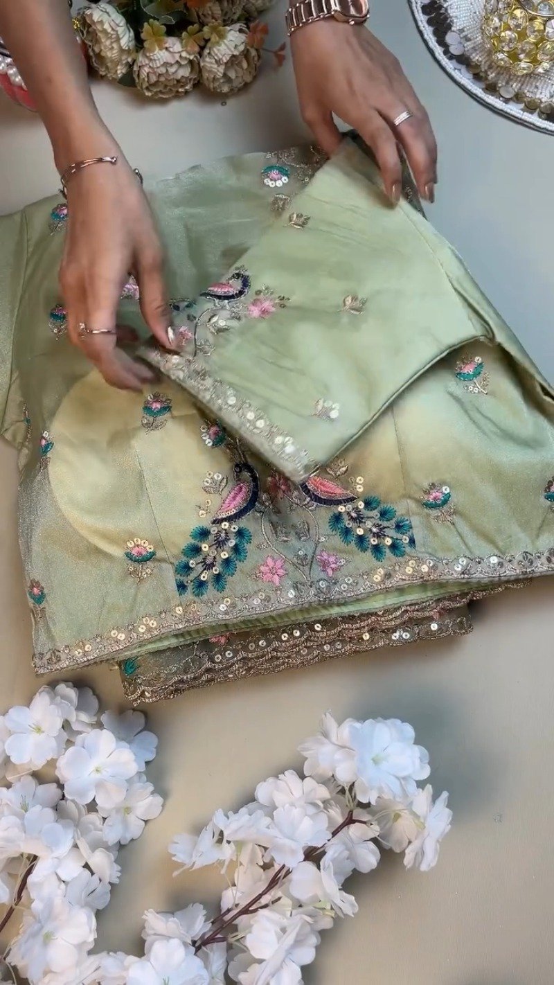 Celestia Sage Green Embroidered Saree Set with Peacock Motif Blouse - Image 2