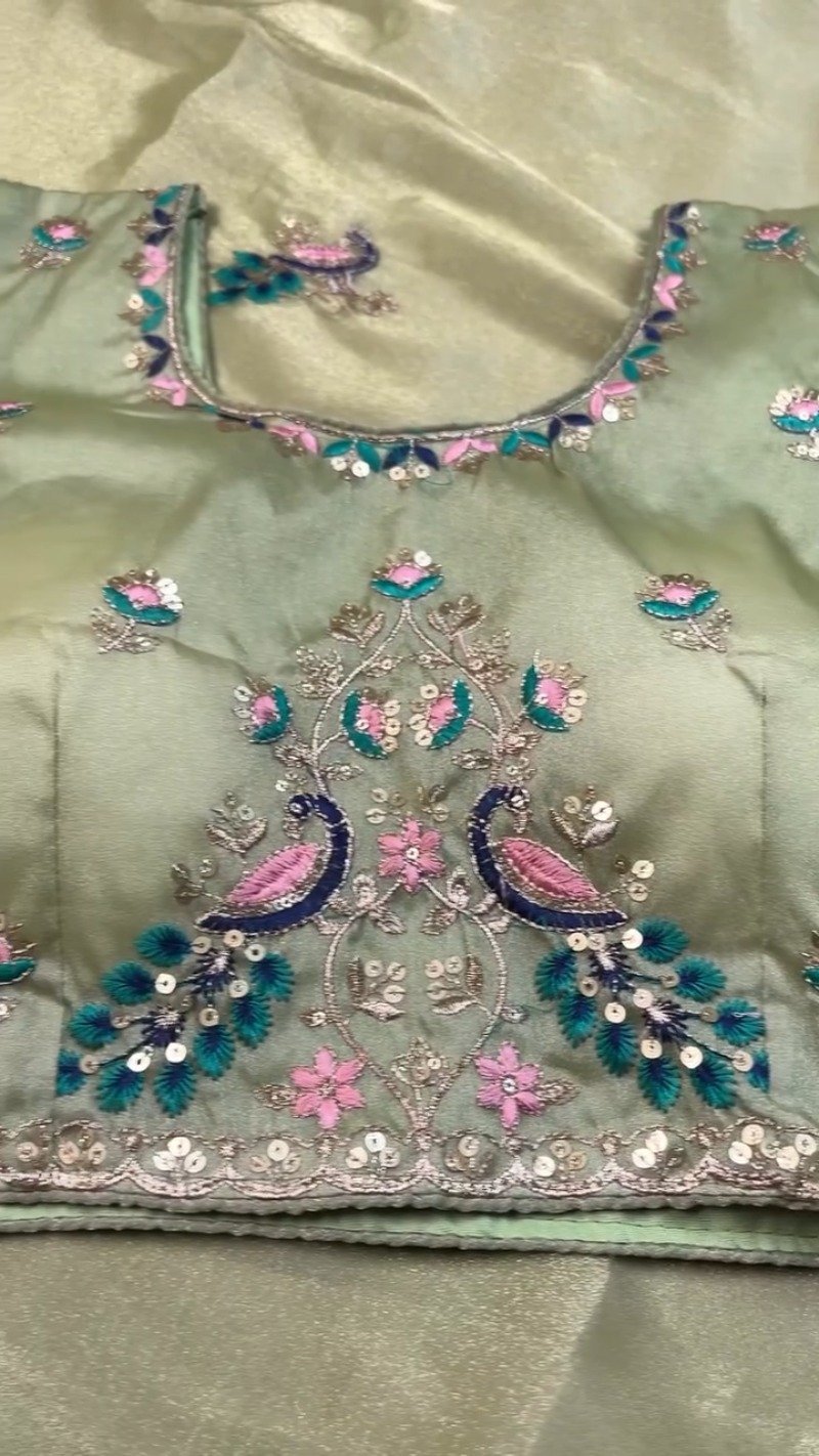 Celestia Sage Green Embroidered Saree Set with Peacock Motif Blouse - Image 5