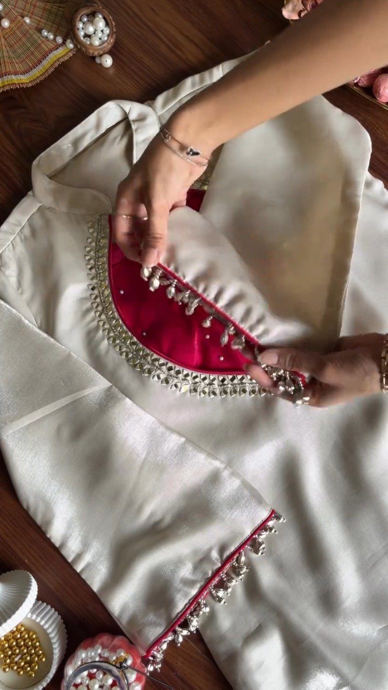 Ivory & Fuchsia Hand-Embellished Designer Kurta Set – Available in Ivory & Fuchsia - Image 3