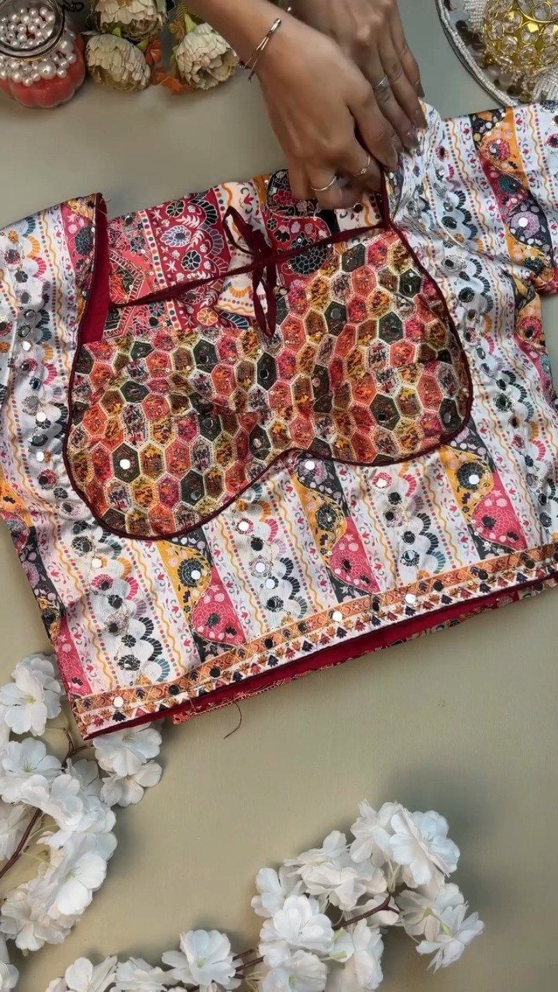 Vibrant Hexagonal Patchwork Lehenga Set with Mirror Work – Available in Traditional Red & Classic White - Image 2