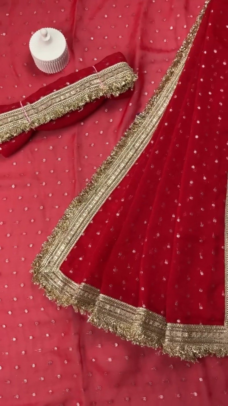 Radiant Sequin-Embellished Chiffon Saree with Ornate Zari Border – Available in Midnight Plum, Festive Red, Emerald Green, Mustard Yellow & Golden Sand