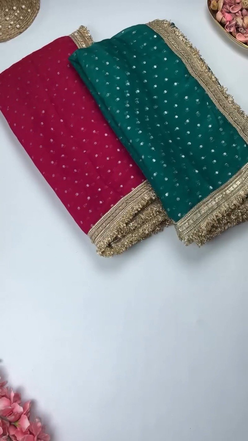 Radiant Sequin-Embellished Chiffon Saree with Ornate Zari Border – Available in Midnight Plum, Festive Red, Emerald Green, Mustard Yellow & Golden Sand - Image 2