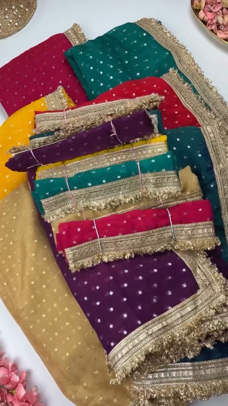 Radiant Sequin-Embellished Chiffon Saree with Ornate Zari Border – Available in Midnight Plum, Festive Red, Emerald Green, Mustard Yellow & Golden Sand - Image 3