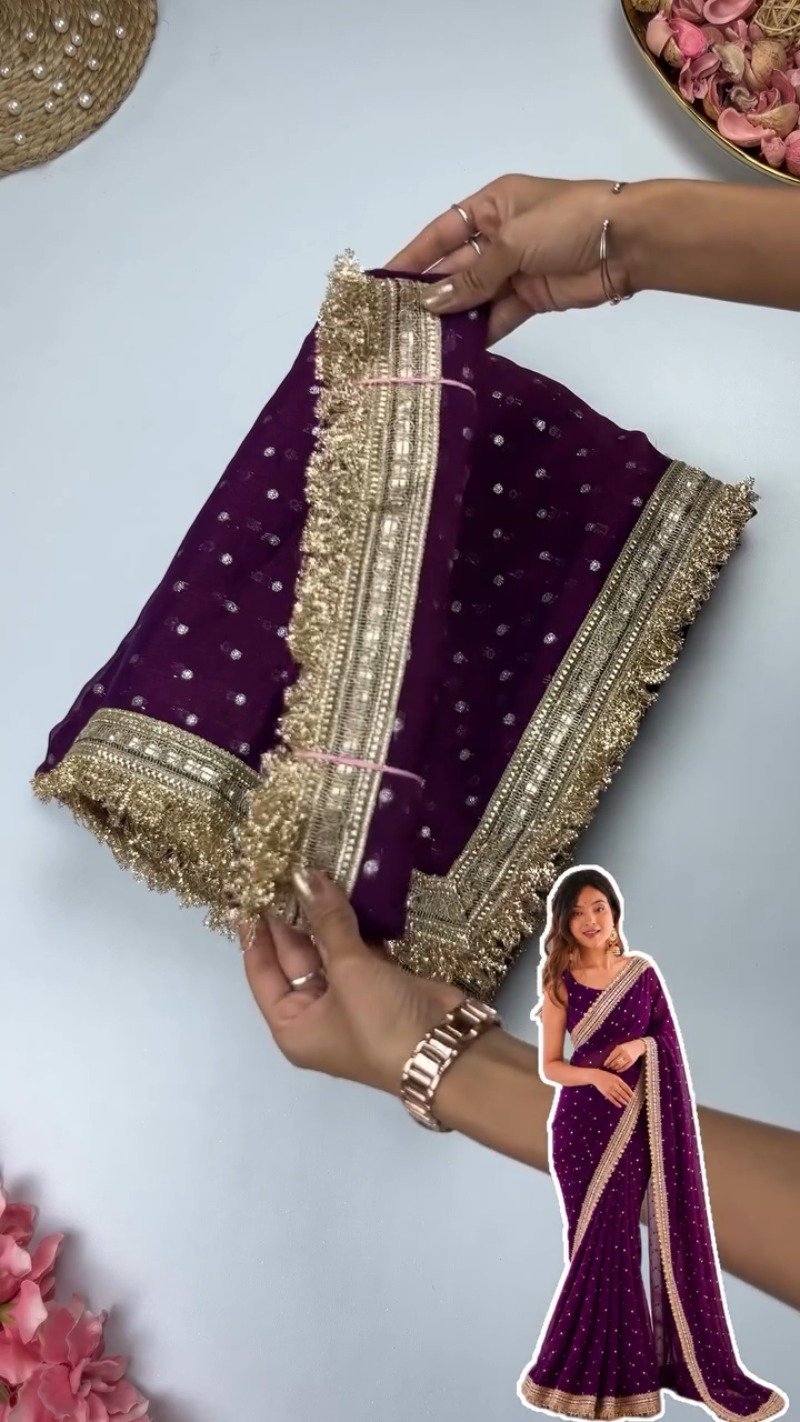 Radiant Sequin-Embellished Chiffon Saree with Ornate Zari Border – Available in Midnight Plum, Festive Red, Emerald Green, Mustard Yellow & Golden Sand - Image 4