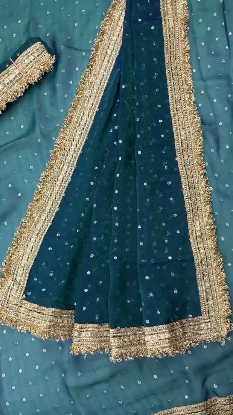 Radiant Sequin-Embellished Chiffon Saree with Ornate Zari Border – Available in Midnight Plum, Festive Red, Emerald Green, Mustard Yellow & Golden Sand - Image 7
