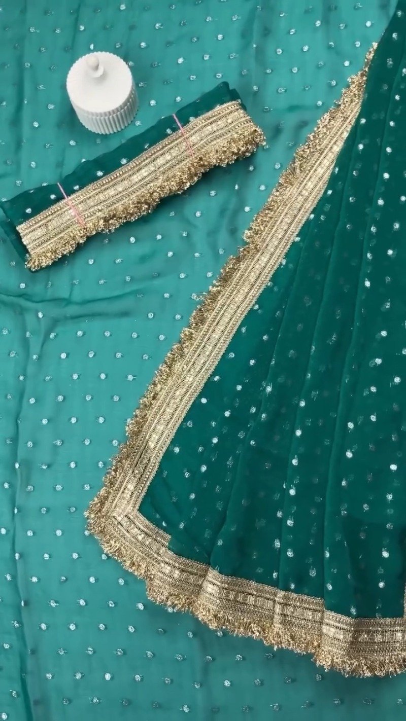 Radiant Sequin-Embellished Chiffon Saree with Ornate Zari Border – Available in Midnight Plum, Festive Red, Emerald Green, Mustard Yellow & Golden Sand - Image 8