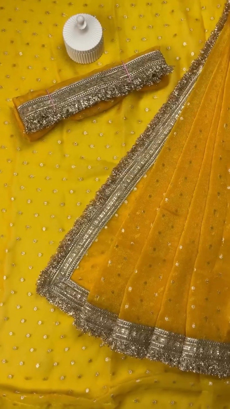 Radiant Sequin-Embellished Chiffon Saree with Ornate Zari Border – Available in Midnight Plum, Festive Red, Emerald Green, Mustard Yellow & Golden Sand - Image 9