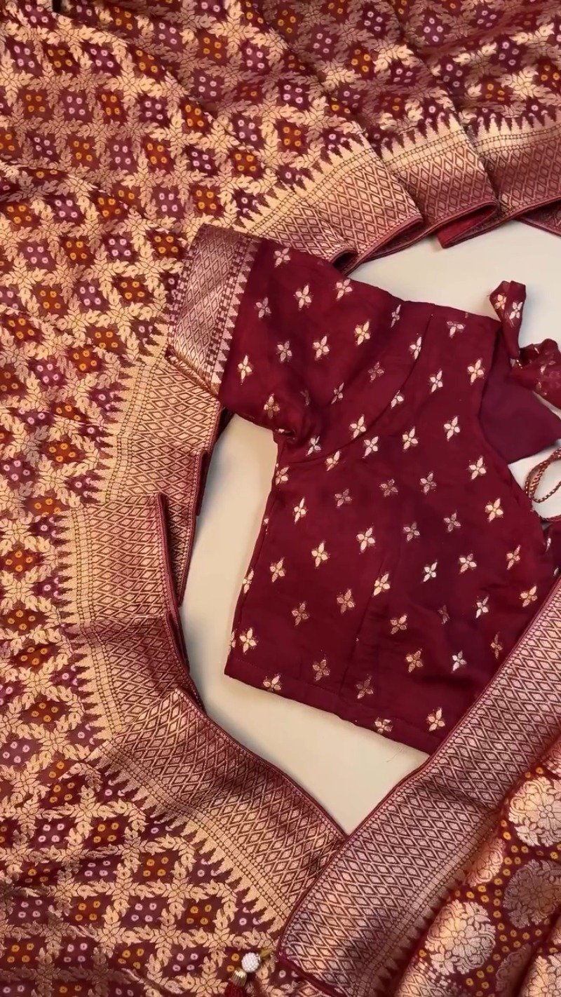 Regal Maroon Bandhani Silk Saree with Zari Border & Matching Designer Blouse