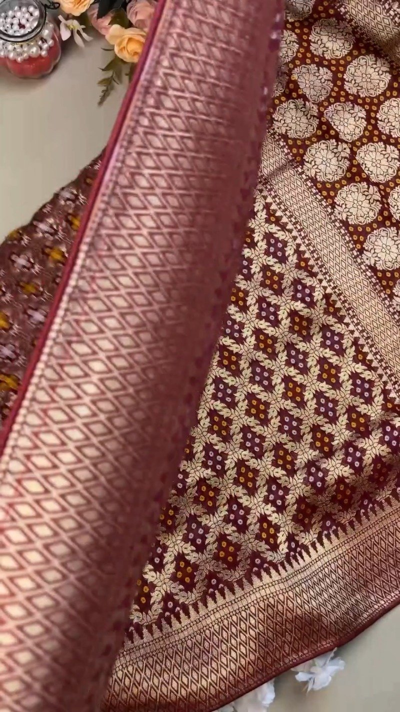Regal Maroon Bandhani Silk Saree with Zari Border & Matching Designer Blouse - Image 4