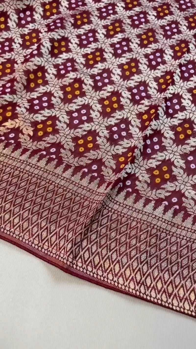 Regal Maroon Bandhani Silk Saree with Zari Border & Matching Designer Blouse - Image 5